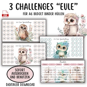 Könnte beinhalten: Drei druckbare Spar-Challenge-Diagramme im Eulen-Design für A6-Budget-Binderhüllen. Jedes Diagramm zeigt eine andere Eulenillustration und ein Sparziel: 300 Euro, 600 Euro und 150 Euro. Die Diagramme beinhalten auch einen Tracker-Bereich, um den Fortschritt aufzuzeichnen.