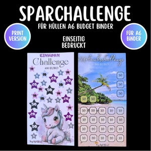Einhorn & Urlaub Sparchallenge A6 – Einseitig bedruckt | Sparspiel Printversion 2025 | Budget Binder Umschläge | Einzelkarte oder Set