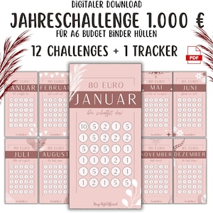 Jahreschallenge Altrosa 1000 EURO | 12 Monate Sparchallenge A6 | Budget Binder Umschlagmethode | PDF Digitaler Download | Sparspiel 2025