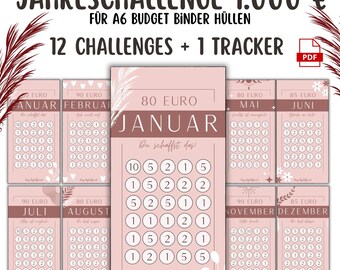Annual challenge pink 1000 savings goal | A6 Budget Binder | Savings challenge PDF