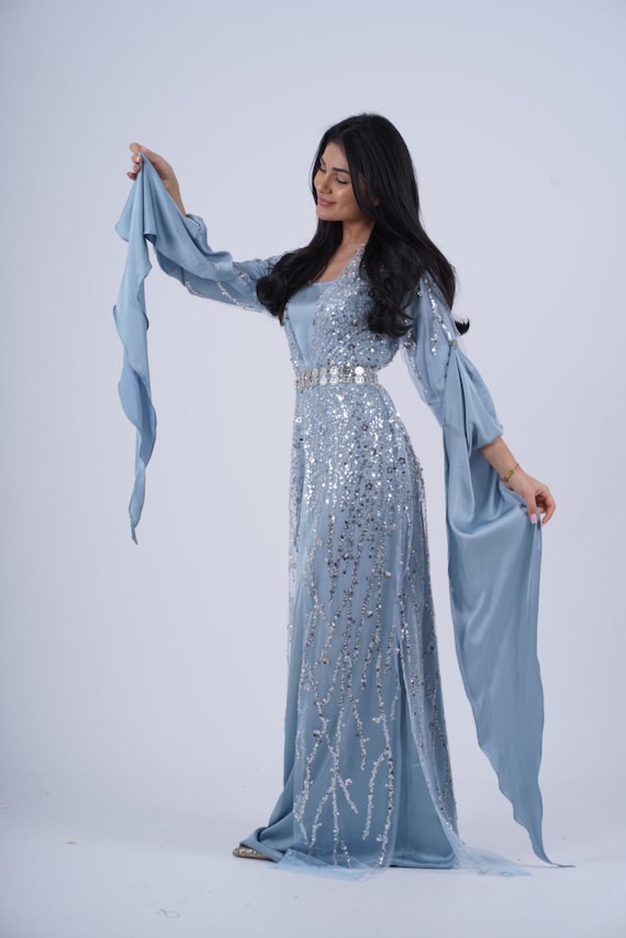 Neuroz Sky Blue Kurdish Dress - Elegant Traditional Dress with Silver Crystal Embroidery Neuroz Sky Blue Kurdish Dress - Elegant Traditional Dress with Silver Crystal Embroidery