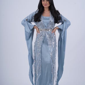 Neuroz Sky Blue Kurdish Dress – Elegant Traditional Dress with Silver Crystal Embroidery