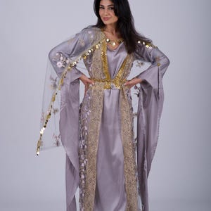 Xezal Collection – 4-Piece Traditional Kurdish Dress Set for Women- Grey with Golden Embroidery
