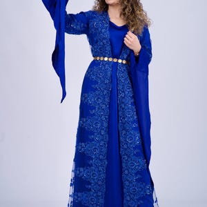 Dilbar Carbon Blue  Kurdish Dress – 2-Piece Set with Beads , pearls  Crystal Embroidery