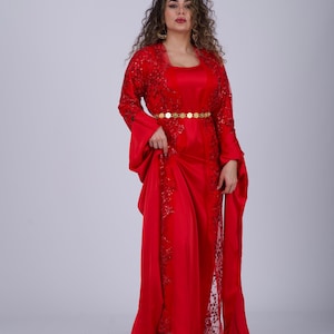 Red Kurdish Dress with Red Shkofe Sequins embroidery