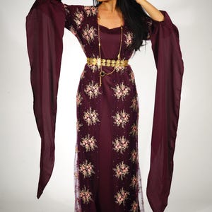 Golzar Collection – Burgundy Kurdish Dress | 2-Piece Traditional Mesh Embroidered Gown