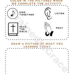 May include: A printable worksheet with a title 'S Worship Notes' and instructions to color in the pictures when the activity is completed. The pictures include a musical note, an ear, a book with a cross, and two hands in prayer. The worksheet also includes a space to draw a picture of what was learned today.