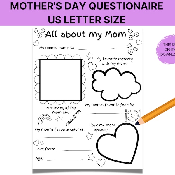 All About My Mom Kids Questionnaire, Classroom Mothers Day Gift Activity, Meaningful Gift Idea, Memory Box, Unique Gift from Preschool Kids