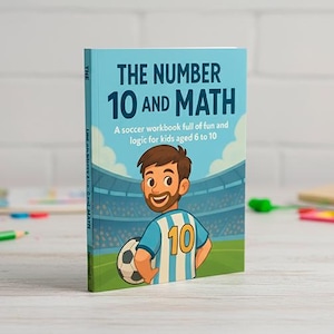 Może przedstawiać: Książka dla dzieci zatytułowana "THE NUMBER 10 AND MATH" o tematyce piłkarskiej. Okładka przedstawia ilustrację piłkarza z numerem 10 na koszulce, piłkę nożną i tło stadionu. Książka jest dla dzieci w wieku od 6 do 10 lat.