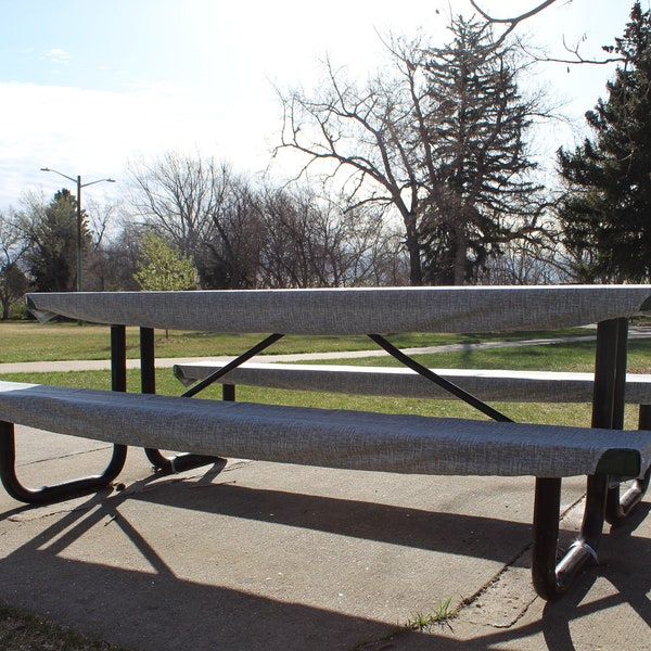 Securable Fitted Tablecloth and Bench Covers in Gray with Matching Cloth Carry Bag for 6' picnic table or 8' picnic table