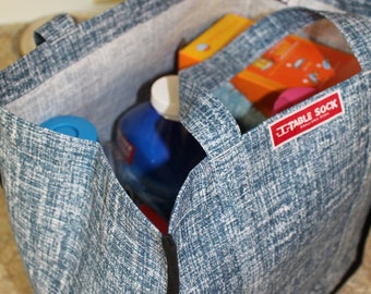 Bolsa de compras plegable plana, poliéster resistente, base extraíble, azul/gris/verde