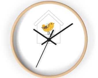 Simple Wall Clock - Bird House Clock, Yellow Bird Wall Clock, Clock with Numbers, Modern Wall Clock