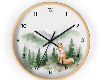 Relógio de parede aquarela de raposa e montanha, berçário com tema de aventura, relógio de animais da floresta, decoração de berçário de floresta, decoração de berçário de montanha