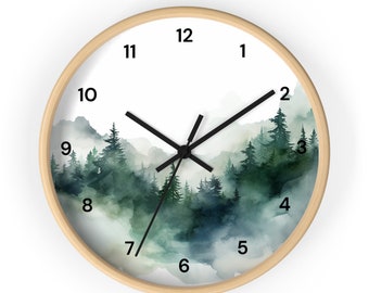 Watercolor Forest Wall Clock With Numbers, Misty Forest, Foggy Forest Clock, Forest Wall Art, Woodland Theme Decor