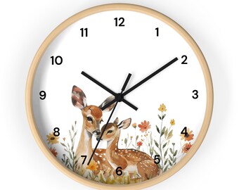 Watercolor Deer Mom and Fawn Wall Clock, Deer Nursery Decor, Woodland Nursery, Forest Animal Prints, Nursery Prints