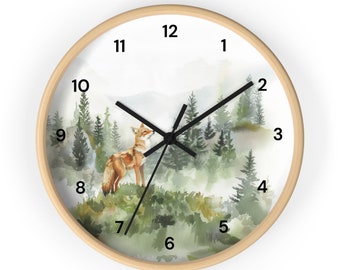 Watercolor Coyote and Mountain Wall Clock, Adventure Theme Nursery, Woodland Animal Clock, Woodland Nursery Decor, Mountain Nursery Decor