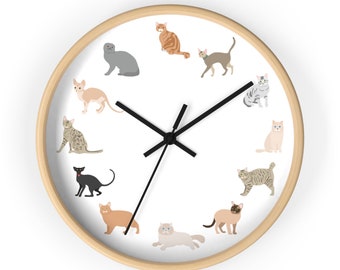 Cat Wall Clock, Cat Illustration Wall Clock, Cat Lovers Gift, Cat Themed Home Decor, Abyssinian Cat, American Bobtail, Scottish Straight