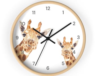Mom & Baby Giraffe Wall Clock With Numbers,  Watercolor Animal Wall Clock, Nursery Wall Clock,  Safari Theme Kids Room