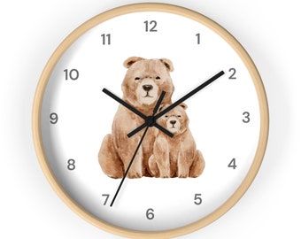 Mom & Baby Bear Wall Clock,  Watercolor Animal Wall Clock, Nursery Wall Clock,  Woodland Theme Kids Room