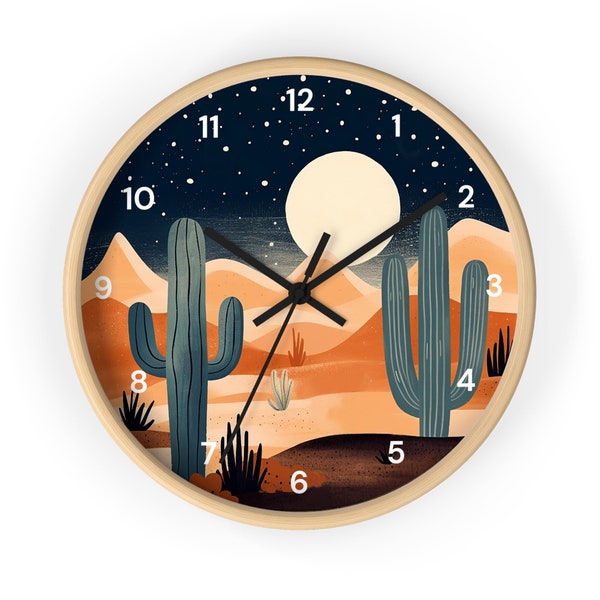 Boho Style Wall Clock, Night in Desert Wall Clock With Numbers, Cactus Art, Boho Wall Art, Retro Sunset, Western Theme Decor, Bohemian