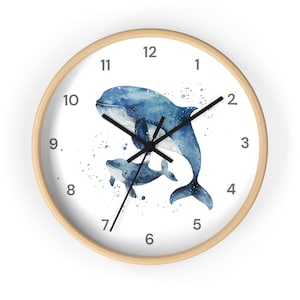 Watercolor Mom & Baby Whale Wall Clock,  Watercolor Animal Wall Clock, Nursery Wall Clock,  Ocean Theme Kids Room