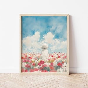 Watercolor Maltese Dog in Flower Field Wall Art Maltese Dog Floral Print Maltese Lover Pastel Maltese Dog Wall Decor Dog Loss Gift