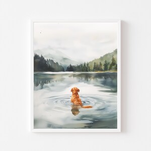 May include: Watercolor painting of a golden retriever dog sitting in a lake with a forest in the background.