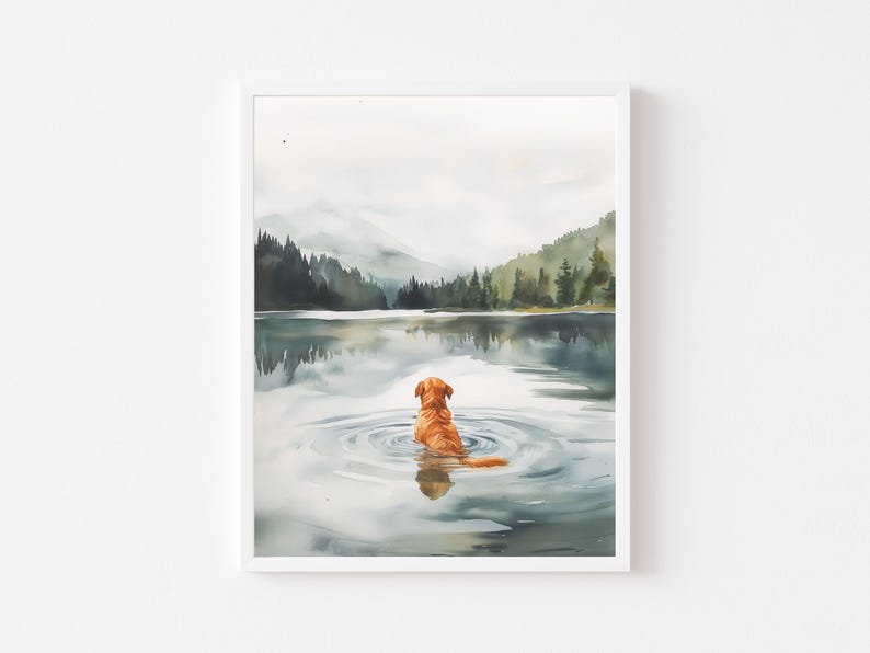 May include: Watercolor painting of a golden retriever dog sitting in a lake with a forest in the background.