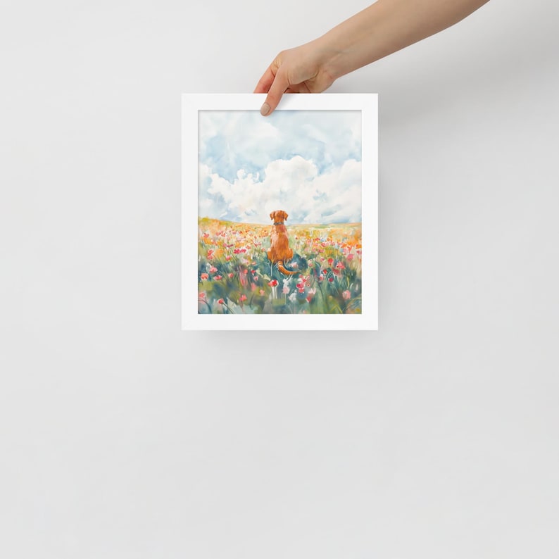 May include: A watercolor painting of a brown dog sitting in a field of pink, white, and yellow flowers. The dog is looking away from the viewer, and the sky is blue with white clouds.