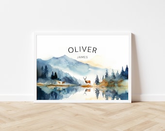 Custom Baby Name Wall Art, Watercolor Forest, Lake and Mountain Wall Art, Nursery Name Sign, Custom Name Wall Art, Woodland Theme,