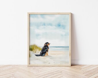 Watercolor Bernese Mountain Dog sitting on the beach art print coastal wall decor for dog lovers summer Bernese beach painting home decor