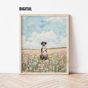 Digital: Póster de acuarela de un Braco Alemán en un campo de flores, arte de pared, animal, perro Braco Alemán, arte de flores silvestres, regalo para mamá Braco Alemán, regalo para la pérdida de una mascota
