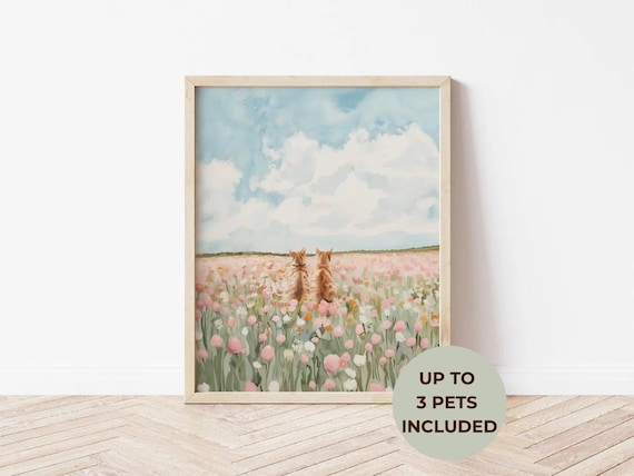 Custom Dog Cat Wall Art Pet Portrait in Flower Field Wildflower Pet Art Dog Cat Memorial Gift Pet Loss Gift Pet Lover Wedding Gift