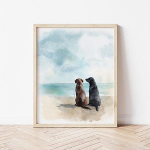 Watercolor Chocolate Lab and Black Lab Sitting on Beach Art Print Coastal Dog Lover Gift Summer Pet Wall Decor Lab Duo Beach Painting Art