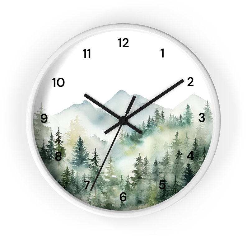 Watercolor Pine Trees and Mountains Wall Clock With Numbers, Foggy Forest Clock, Forest Wall Art, Woodland Theme Decor image 3