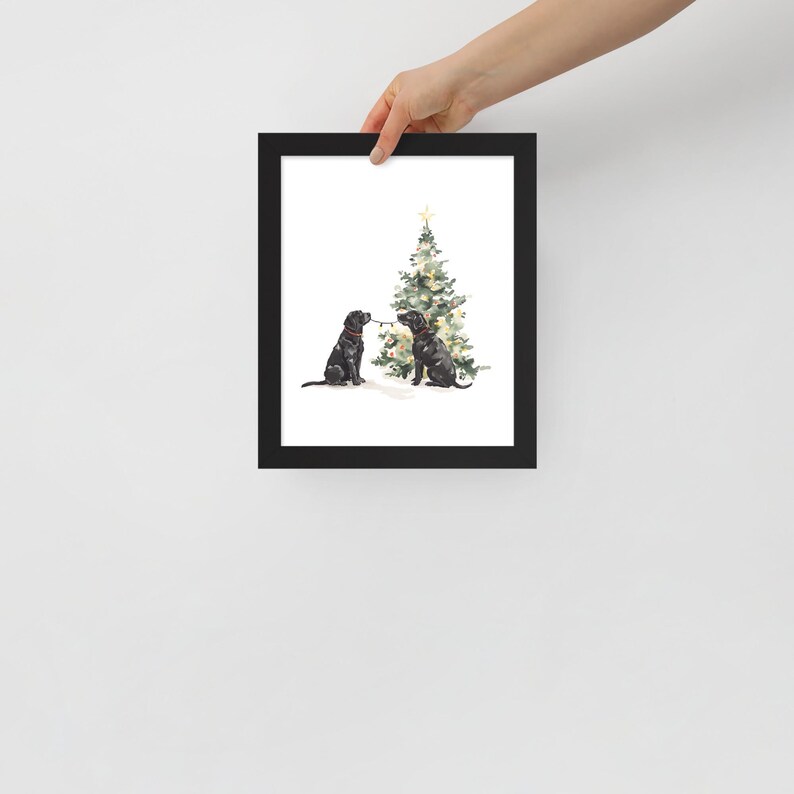 Puede incluir: Dos perros negros de raza Labrador Retriever sentados frente a un &aacute;rbol de Navidad decorado. Los perros se miran y parecen estar jugando con una cuerda.