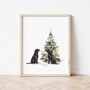 Watercolor Two Black Labradors with Christmas Tree Wall Art