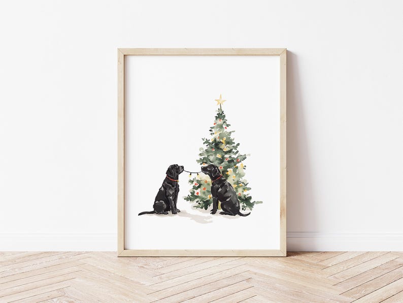 Watercolor Two Black Labradors with Christmas Tree Wall Art