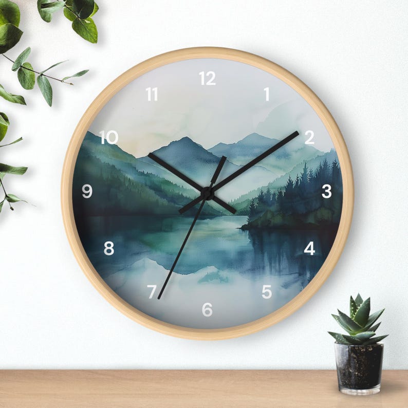 Watercolor Pine Trees and Mountains Wall Clock With Numbers, Foggy Forest Clock, Forest Wall Art, Woodland Theme Decor image 9