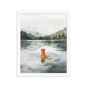 May include: A watercolor painting of a golden retriever dog sitting in a lake with a mountain range in the background.