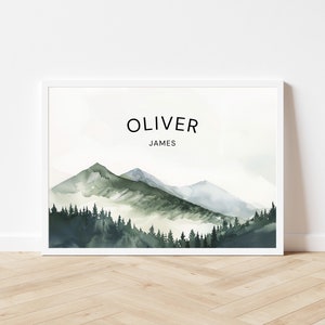 Arte de pared con nombre de bebé personalizado, arte de pared con acuarela de bosque y montaña, letrero con nombre para guardería, arte de pared con nombre personalizado, tema de bosque,
