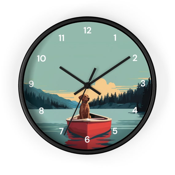 Dog Canoe Art Wall Clock With Numbers, Lake House Decor, Labrador Dog, Camping, Outdoors, Fishing, Lake dog, Cabin, Canoe decor