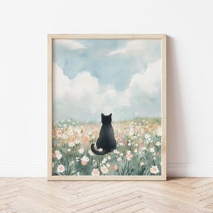 デジタル：水彩画の黒猫の花畑の壁アート、黒猫の野花アート、花柄の猫好きの壁アート、気まぐれな黒猫アート