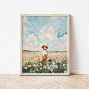 Watercolor Brittany Spaniel in Flower Field Wall Art Animal Poster Brittany Spaniel Wildflower Art Brittany Spaniel Mom Gift Pet Loss Gift