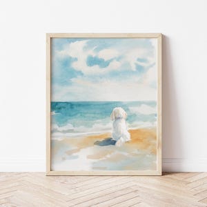 Watercolor Maltese Dog Sitting on Beach Art Print Coastal Dog Lover Gift Summer Pet Wall Decor Maltese Dog Beach Painting Maltese Dog Art