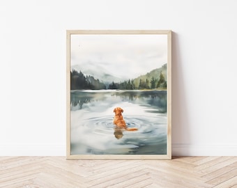 Watercolor Golden Retriever Art Golden Swimming in Lake Wall Art Dog in Nature Wall Art Lake and Mountain Dog Art Dog Lover Painting