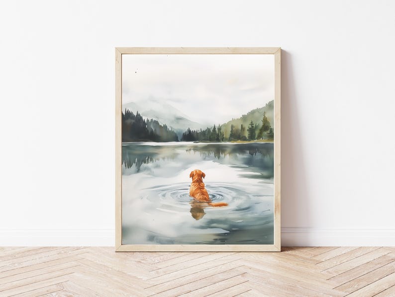 May include: A watercolor painting of a golden retriever dog sitting in a lake, looking out at a misty forest landscape.