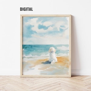 Digital: Watercolor Maltese Dog Sitting on Beach Art Print Coastal Dog Lover Gift Summer Pet Wall Decor Maltese Dog Beach Painting