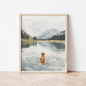 Watercolor Fox Red Labrador Retriever Art Fox Red Lab Swimming in Lake Wall Art Dog in Nature Wall Art Lake and Mountain Dog Art