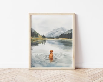Watercolor Fox Red Labrador Retriever Art Fox Red Lab Swimming in Lake Wall Art Dog in Nature Wall Art Lake and Mountain Dog Art